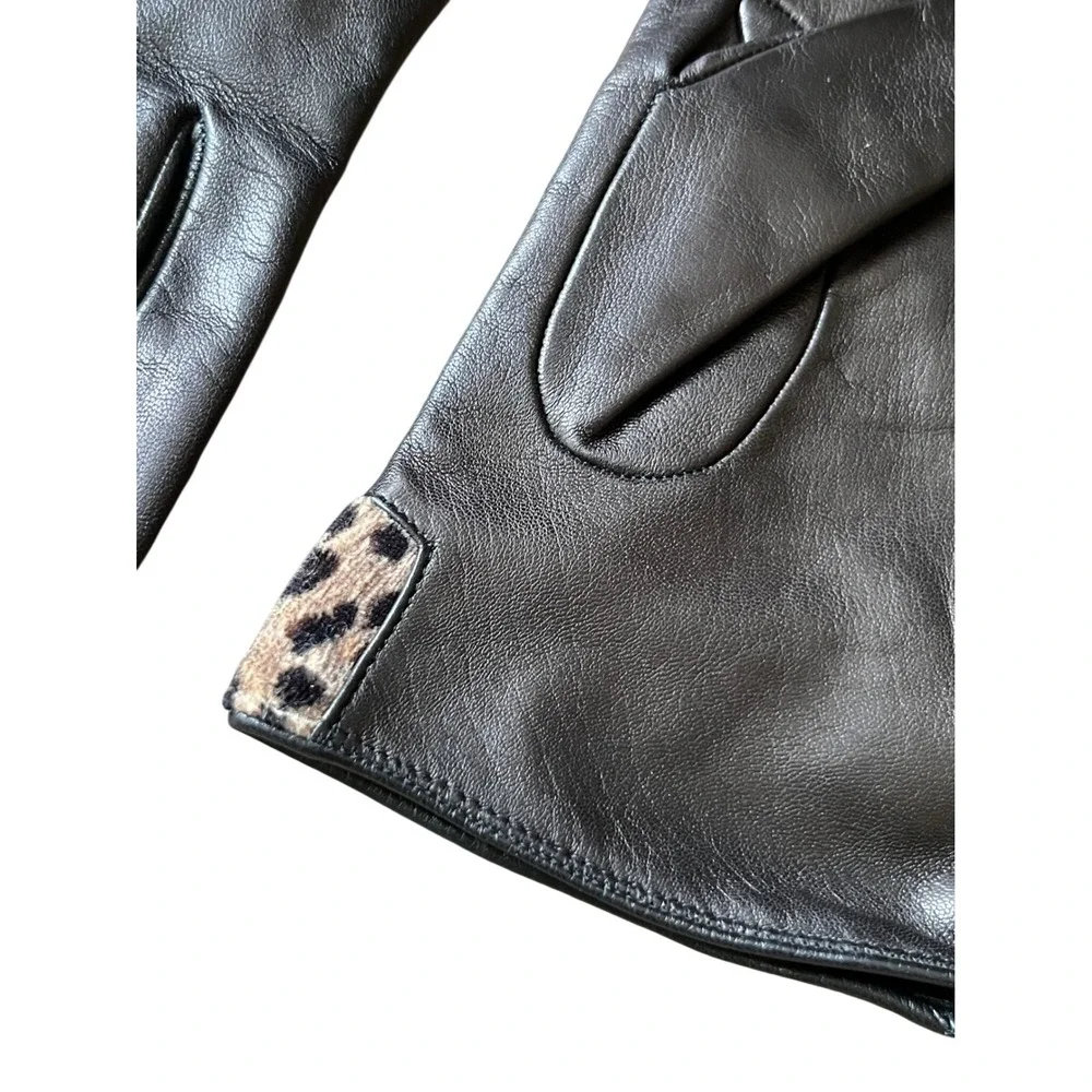 PORTOLANO BLACK LEATHER GLOVES Leopard Print Trim ANGORA/LAMBSWOOL LINER sz 7.5